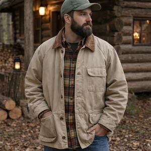 Eddie Bauer VTG SZ L Cotton Tan Chore Jacket Corduroy Collar Down Plaid Liner